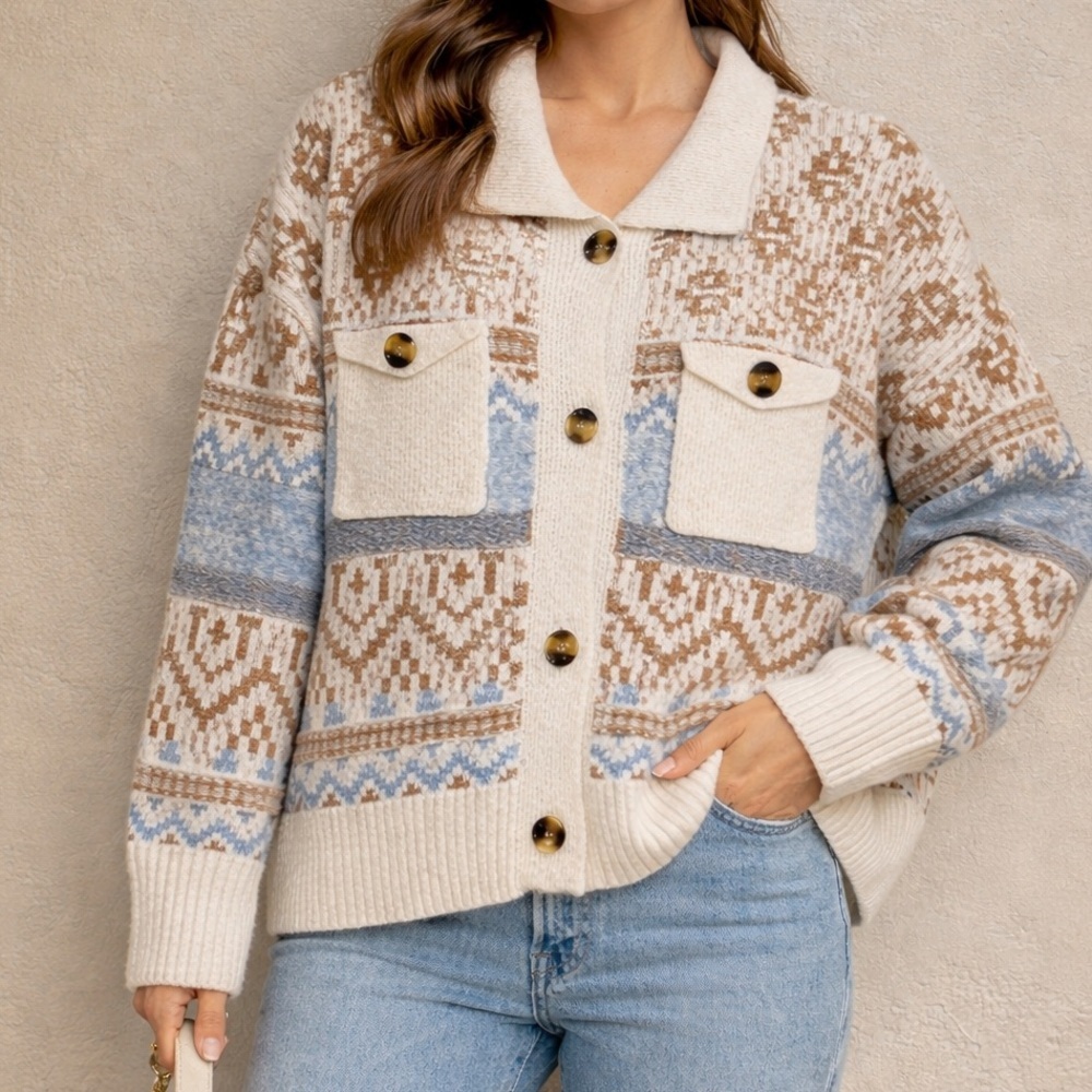 NWT Penelope Sweater Patterned Cardigan Cream, tan and Blue Sz XL